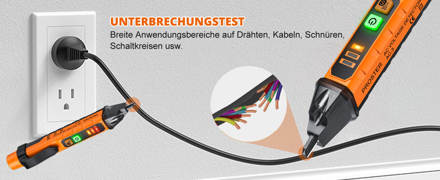 Orange-schwarzer Proster PST224 Spannungsprüfer in Stiftform mit Prüfspitze, LED-Anzeigen, Tasten und Taschenclip. – Detail 3