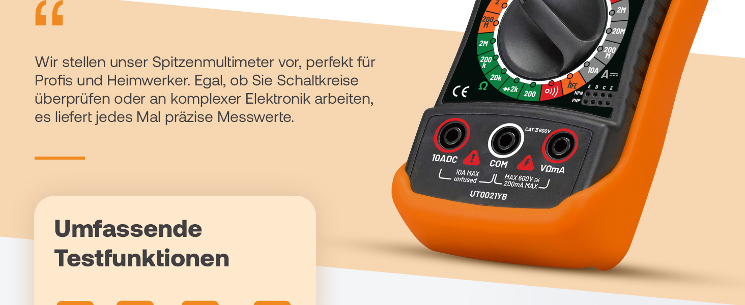 Gelb-schwarzes ULTRICS Digitalmultimeter mit Messleitungen, Batterie und beleuchtetem Display. – Detail 3