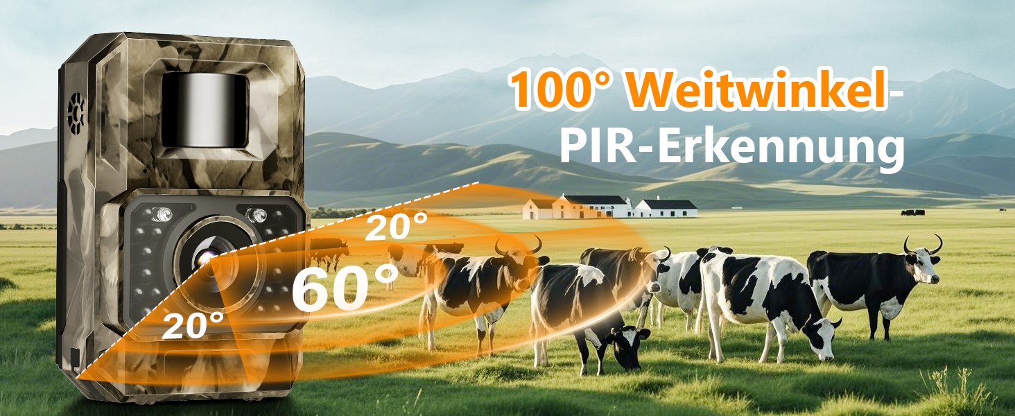 Wildkamera MAXDONE PH960W im Tarnmuster mit Objektiv, Infrarot-LEDs und Bewegungssensor an der Front – Detail 3