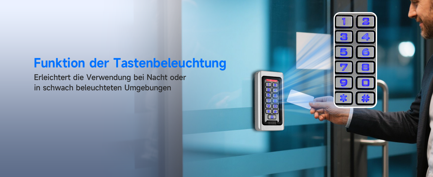 Retekess T-AC03 Codeschloss in Silber aus Zinklegierung mit blau beleuchteter Zifferntastatur, Klingeltaste und zehn blauen RFID-Schlüsselanhängern – Detail 4