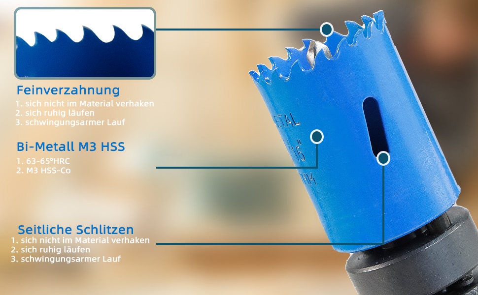 Blaues CCLIFE Lochsägen-Set aus Bi-Metall mit sechs Lochsägen und zwei Aufnahmeschäften im blauen Kunststoffkoffer – Detail 4