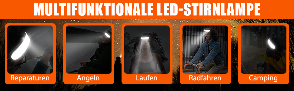 Schwarz-orange LED-Stirnlampe POKISEED PRO 1500 mit breitem Leuchtband, Stirnband, Etui und USB-C-Kabel – Detail 4