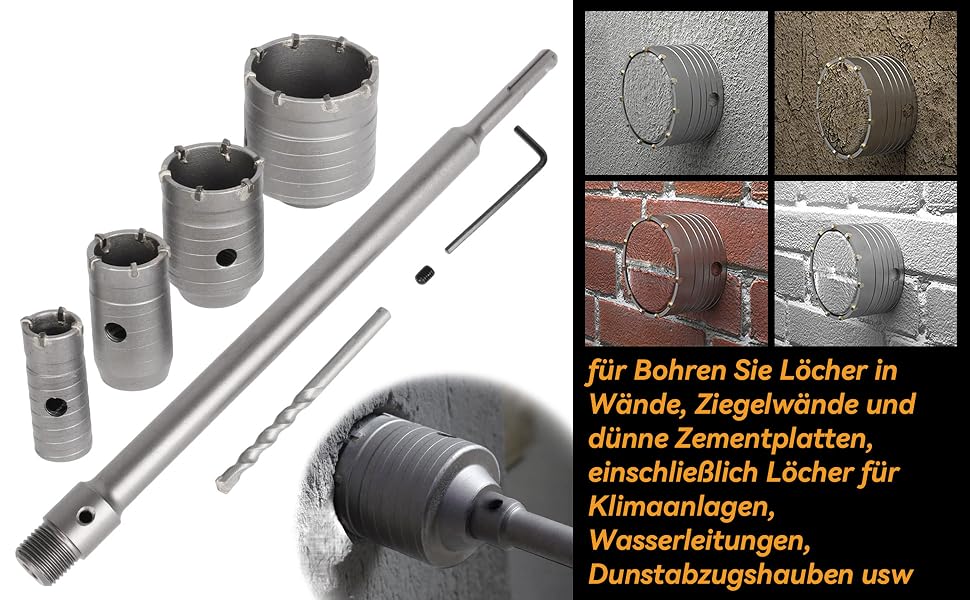 Vier silberne Hohlbohrkronen mit Hartmetallzähnen in den Grössen 30, 40, 50 und 68 mm, daneben Verbindungsstange mit SDS-plus-Schaft, Zentrierbohrer und Schraubenschlüssel – Detail 4