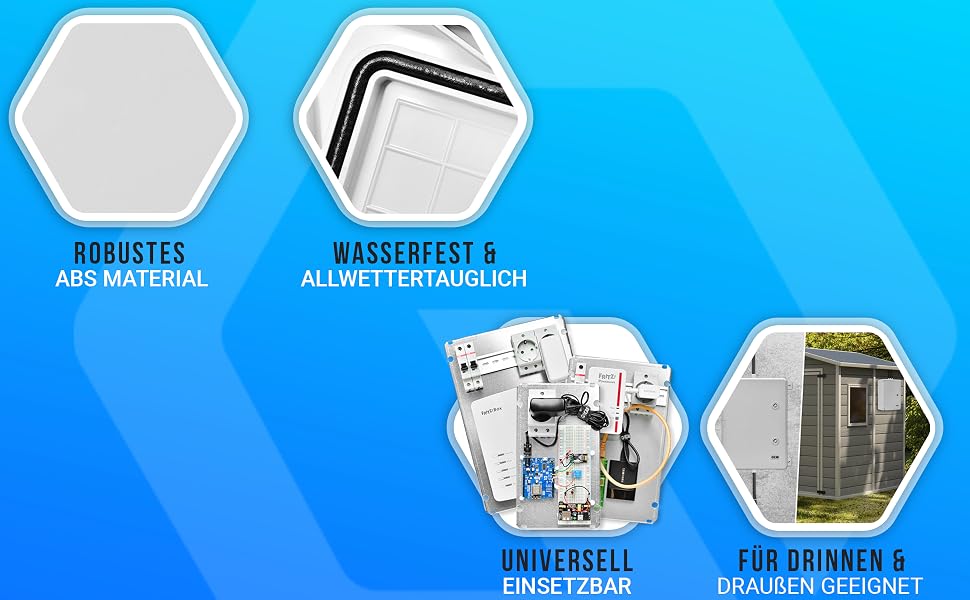 Grauer QCAB Verteilerkasten aus ABS-Kunststoff, 300 x 400 x 170 mm, geöffnet mit verzinkter Montageplatte und Kabelverschraubungen – Detail 2
