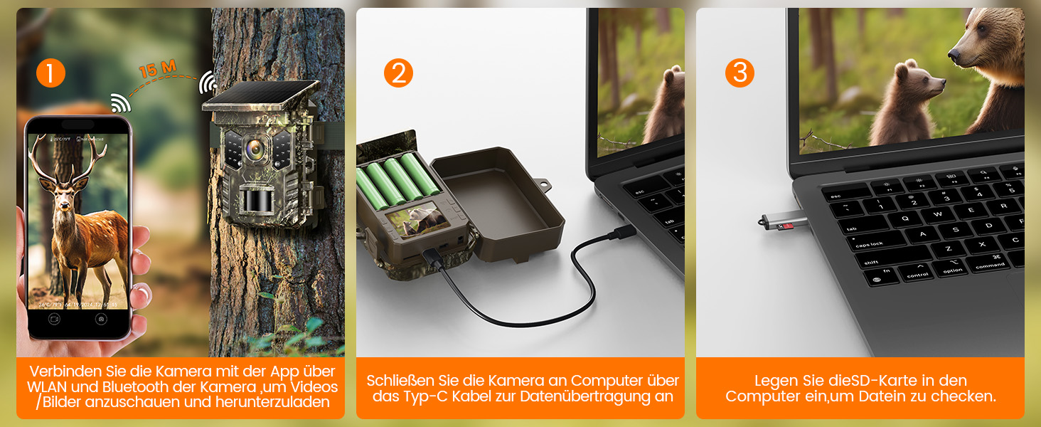 Solar-Wildkamera XTU im Tarnmuster mit aufgesetztem Solarpanel, Objektiv, Bewegungssensor und Infrarot-LEDs – Detail 4
