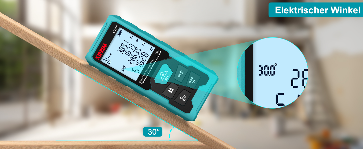 Türkisfarbener Kiprim LD100 Laser-Entfernungsmesser mit grossem LC-Display, grünem Laserstrahl und USB-C-Ladekabel – Detail 4