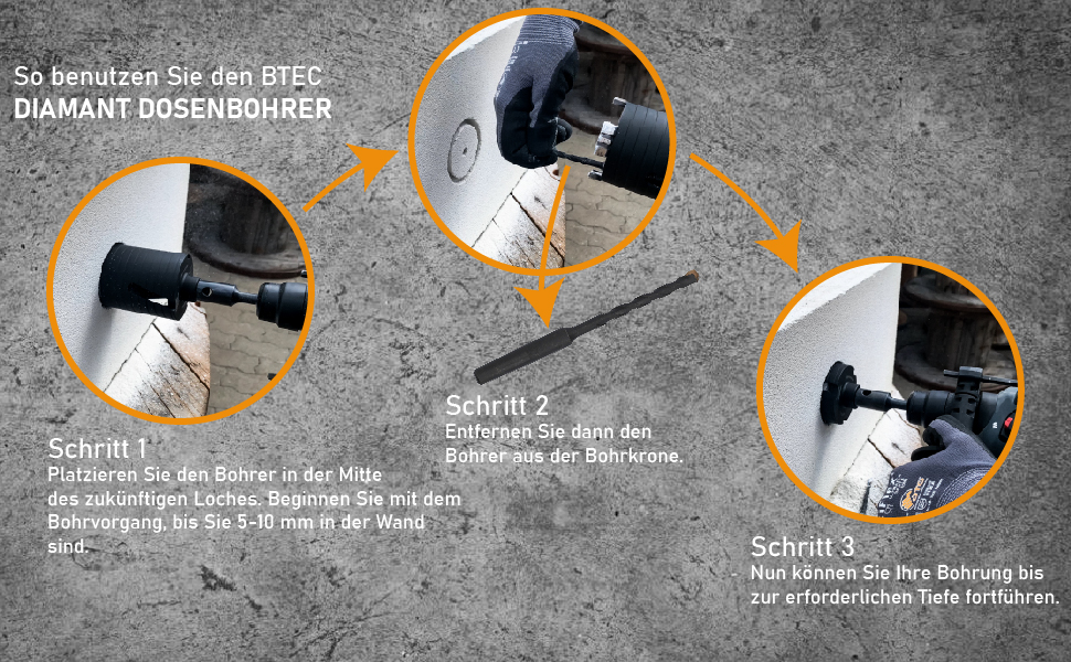 Schwarze Diamant-Bohrkrone von BTEC mit 82 mm Durchmesser, eingeschraubtem SDS-plus-Adapter und separatem Zentrierbohrer – Detail 2