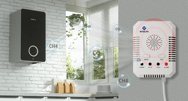 Weisser Bosean BH-H3 Kombimelder für Gas und Kohlenmonoxid mit vier Anzeigeleuchten, RESET- und TEST-Taste und Anschlusskabel mit Eurostecker – Detail 4