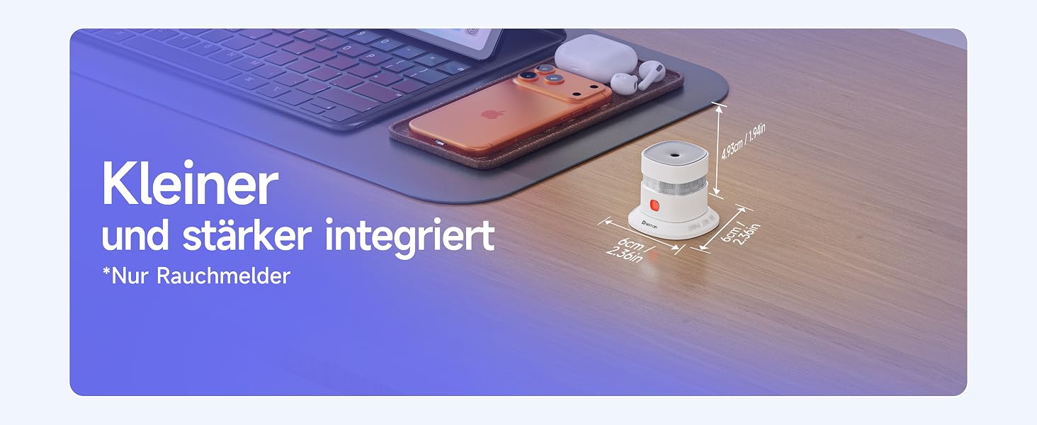 Fünf weisse Mini-Rauchmelder Heiman HS1SA mit rotem Testknopf, kreisförmig angeordnet, daneben ein Melder in einer Hand als Grössenvergleich – Detail 2