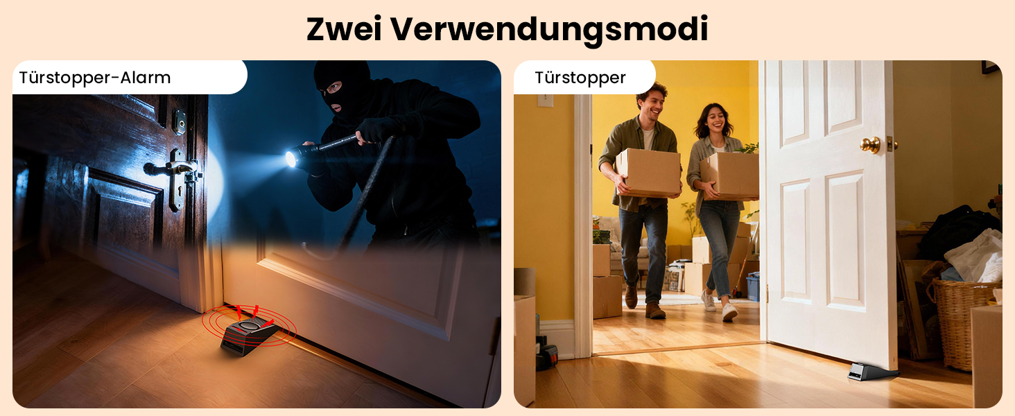 Zwei schwarze TECKNET Türstopper-Alarme mit geriffelter Keiloberseite und USB-C-Ladekabel – Detail 4
