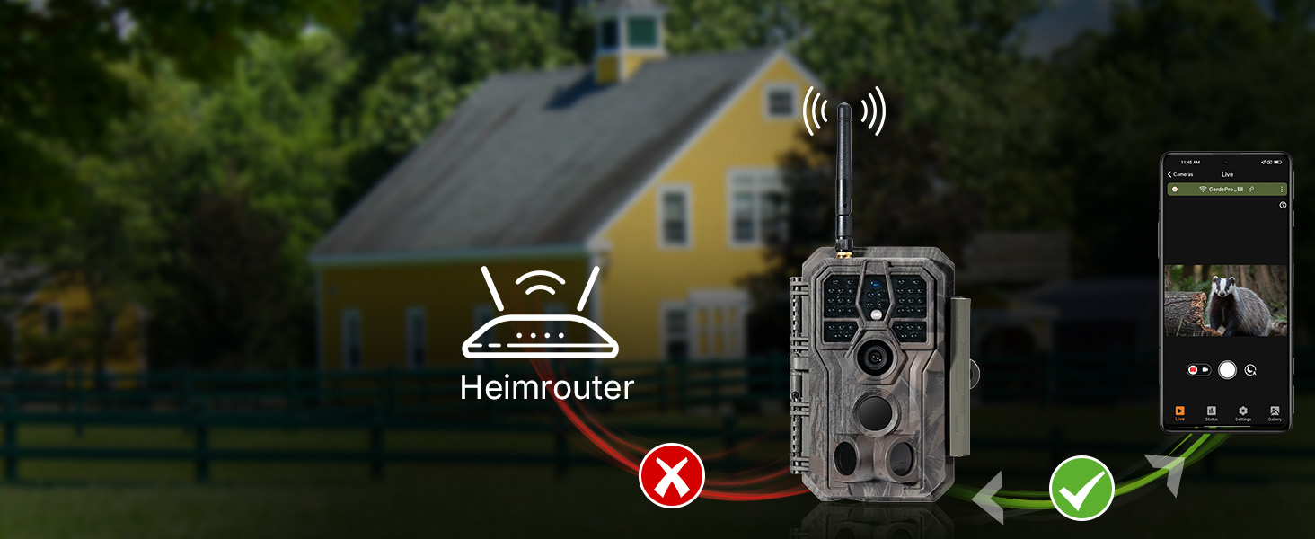 Wildkamera GardePro E8 im Tarnmuster mit Antenne, daneben ein Smartphone mit dem Livebild der Kamera – Detail 4