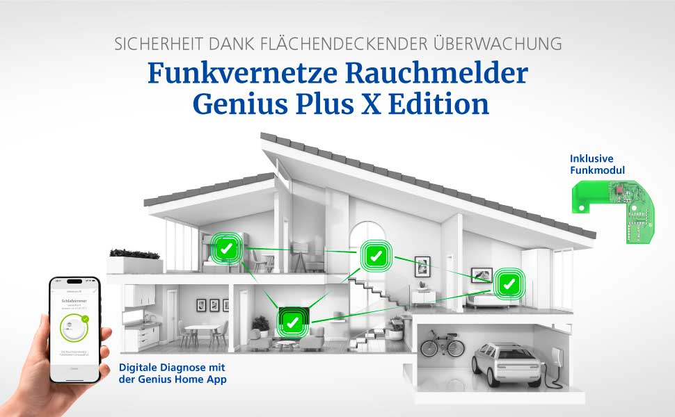 Weisser runder Rauchwarnmelder Hekatron Genius Plus X mit grünem Bedienbalken und Funkmodul Basis X – Detail 2