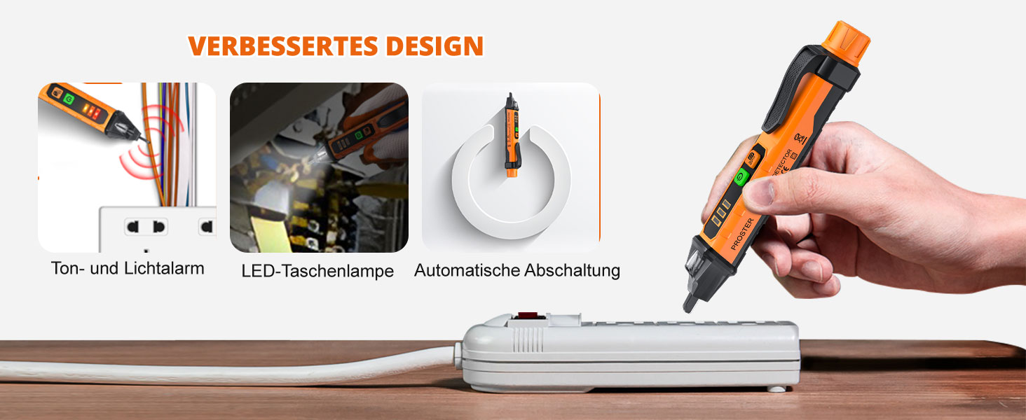 Orange-schwarzer Proster PST224 Spannungsprüfer in Stiftform mit Prüfspitze, LED-Anzeigen, Tasten und Taschenclip. – Detail 4
