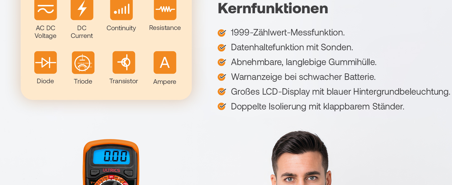 Gelb-schwarzes ULTRICS Digitalmultimeter mit Messleitungen, Batterie und beleuchtetem Display. – Detail 4