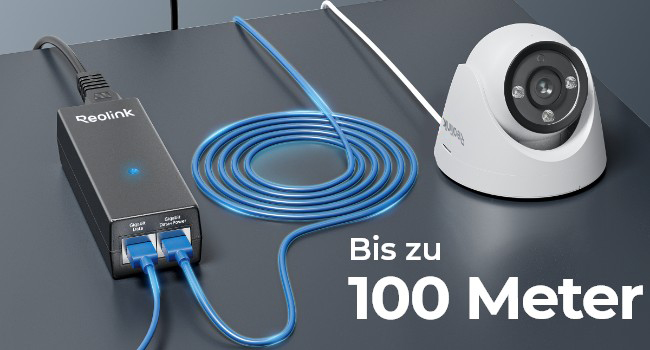Schwarzer Reolink PoE-Injektor mit zwei RJ45-Buchsen an der Stirnseite – Detail 4