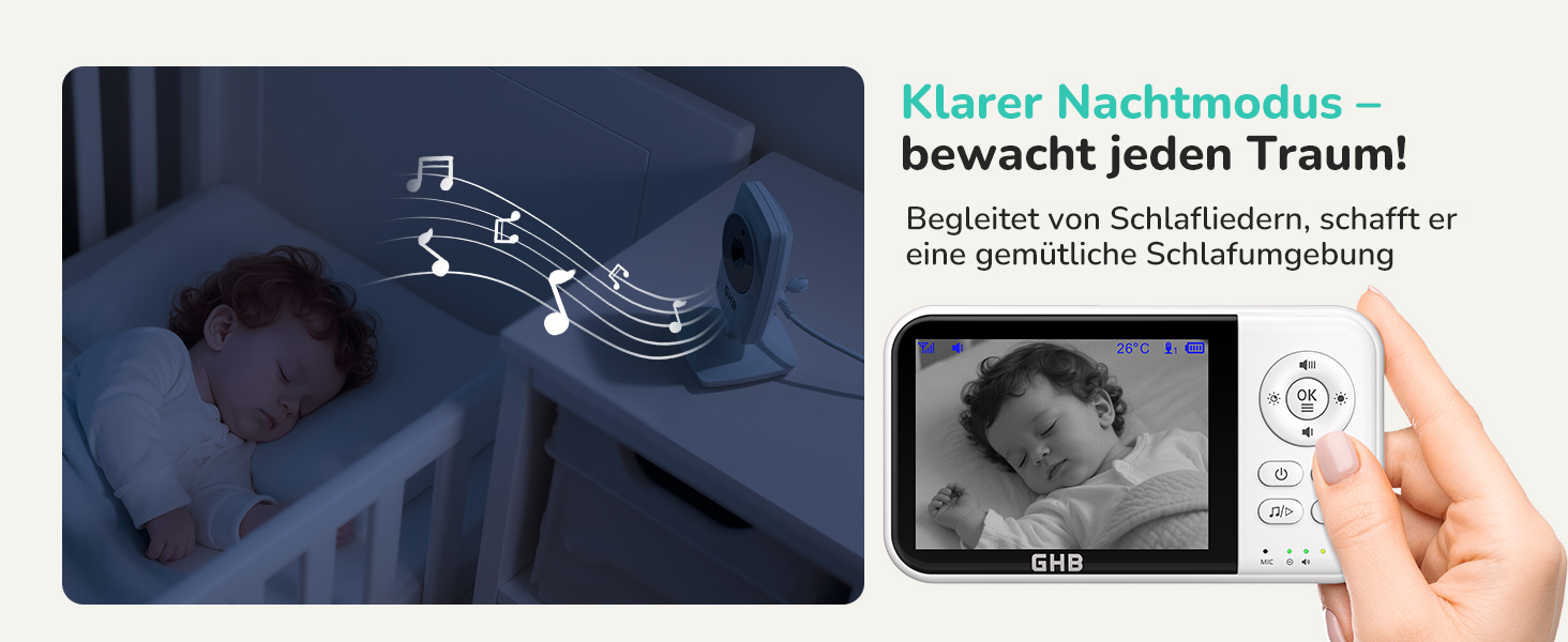 Weisses GHB Babyphone MC632B mit 3,2-Zoll-Monitor und separater Kamera auf Standfuss – Detail 5