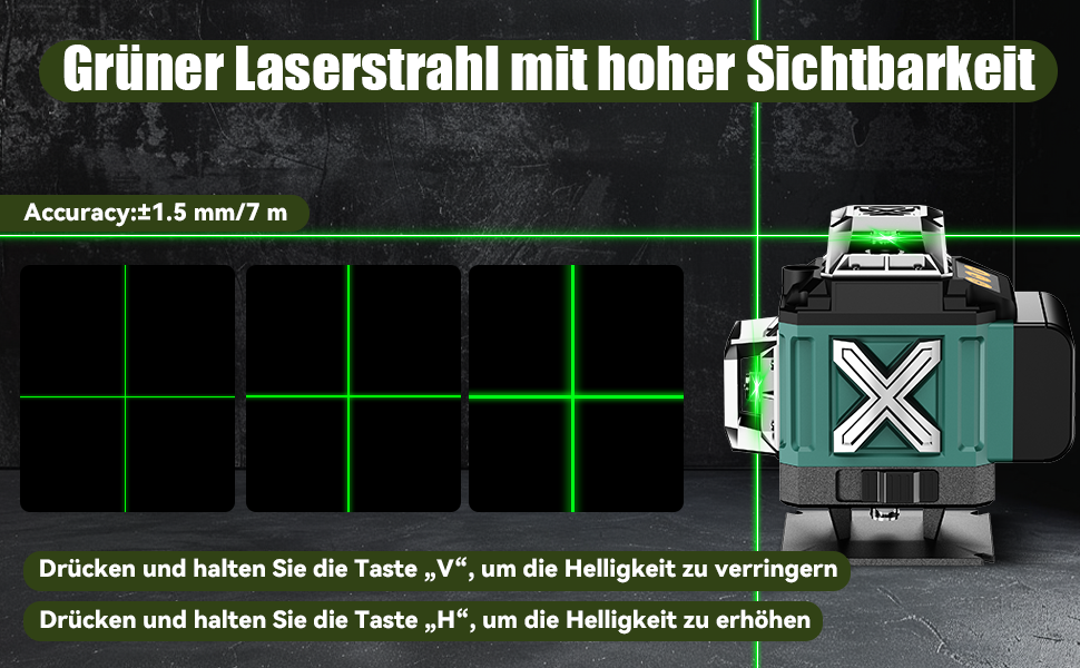 Grün-schwarzer Kreuzlinienlaser mit vier Austrittsfenstern auf Drehsockel, daneben Hartschalenkoffer, zwei Wechselakkus, Fernbedienung, Magnethalter und Mini-Stativ – Detail 5