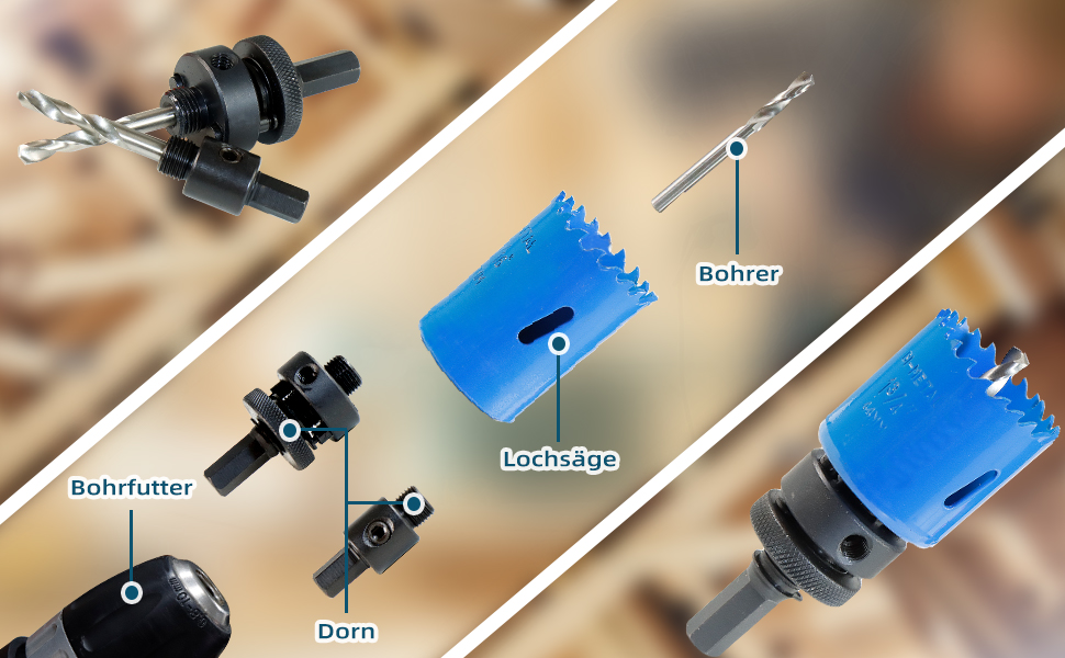 Blaues CCLIFE Lochsägen-Set aus Bi-Metall mit sechs Lochsägen und zwei Aufnahmeschäften im blauen Kunststoffkoffer – Detail 5