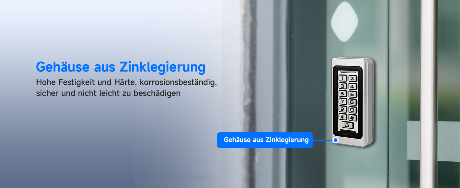 Retekess T-AC03 Codeschloss in Silber aus Zinklegierung mit blau beleuchteter Zifferntastatur, Klingeltaste und zehn blauen RFID-Schlüsselanhängern – Detail 5