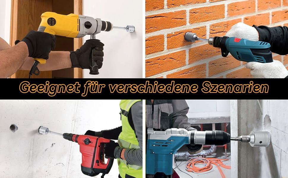 Vier silberne Hohlbohrkronen mit Hartmetallzähnen in den Grössen 30, 40, 50 und 68 mm, daneben Verbindungsstange mit SDS-plus-Schaft, Zentrierbohrer und Schraubenschlüssel – Detail 5