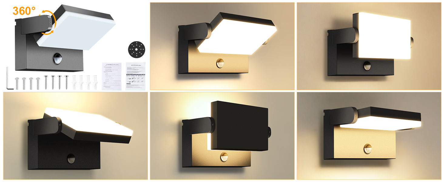 Schwarze rechteckige LED-Aussenwandleuchte ledmo mit schwenkbarem Panel und Bewegungsmelder – Detail 1