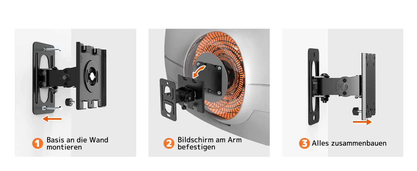 Schwarze Monitor-Wandhalterung aus Stahl mit Gelenkarm und abnehmbarer VESA-Platte – Detail 5