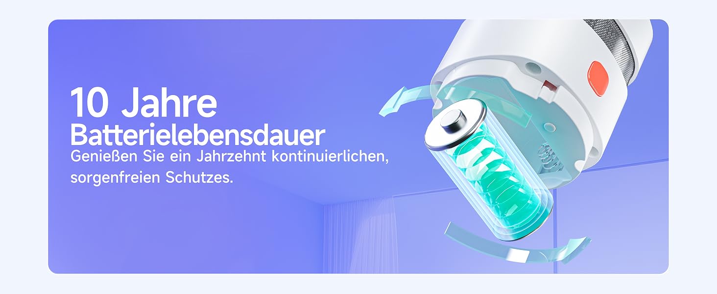 Fünf weisse Mini-Rauchmelder Heiman HS1SA mit rotem Testknopf, kreisförmig angeordnet, daneben ein Melder in einer Hand als Grössenvergleich – Detail 3