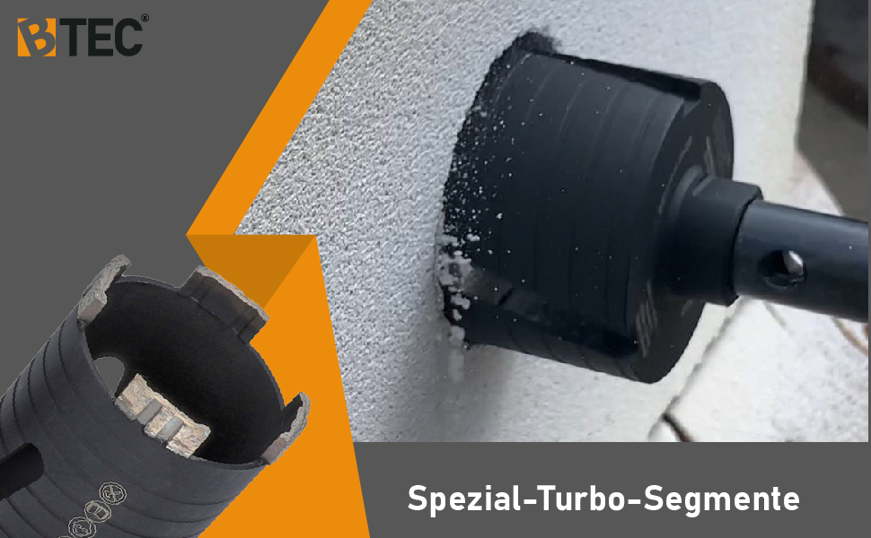 Schwarze Diamant-Bohrkrone von BTEC mit 82 mm Durchmesser, eingeschraubtem SDS-plus-Adapter und separatem Zentrierbohrer – Detail 3