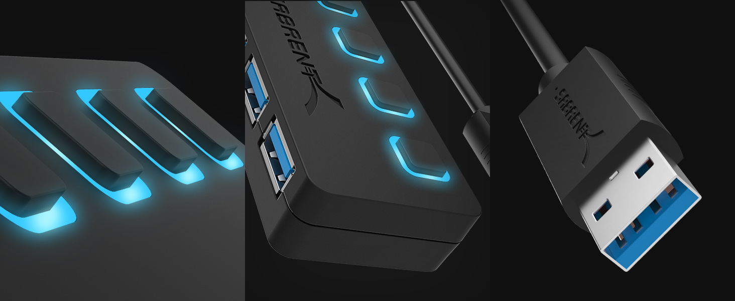 Schwarzer SABRENT USB-Hub mit vier USB-A-Anschlüssen, einzelnen Schaltern und blau markierten Ports. – Detail 5
