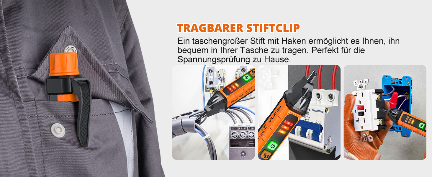 Orange-schwarzer Proster PST224 Spannungsprüfer in Stiftform mit Prüfspitze, LED-Anzeigen, Tasten und Taschenclip. – Detail 5