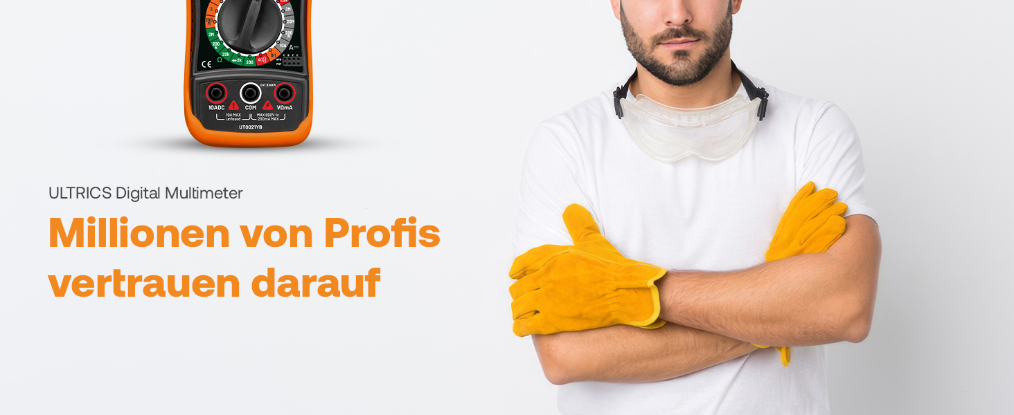Gelb-schwarzes ULTRICS Digitalmultimeter mit Messleitungen, Batterie und beleuchtetem Display. – Detail 5