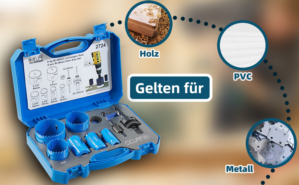 Blaues CCLIFE Lochsägen-Set aus Bi-Metall mit sechs Lochsägen und zwei Aufnahmeschäften im blauen Kunststoffkoffer – Detail 6