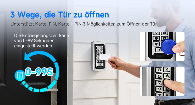 Retekess T-AC03 Codeschloss in Silber aus Zinklegierung mit blau beleuchteter Zifferntastatur, Klingeltaste und zehn blauen RFID-Schlüsselanhängern – Detail 6