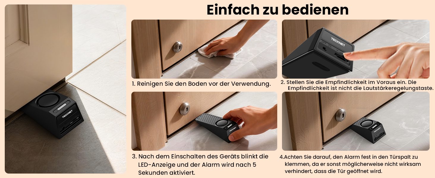 Zwei schwarze TECKNET Türstopper-Alarme mit geriffelter Keiloberseite und USB-C-Ladekabel – Detail 5