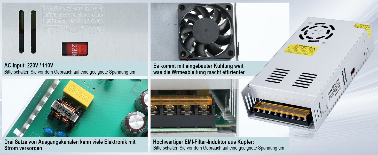 Offenes Schaltnetzteil MEISHILE S-600-12 im silbernen Aluminiumgehäuse mit Lüfteröffnung und Schraubklemmenleiste – Detail 4