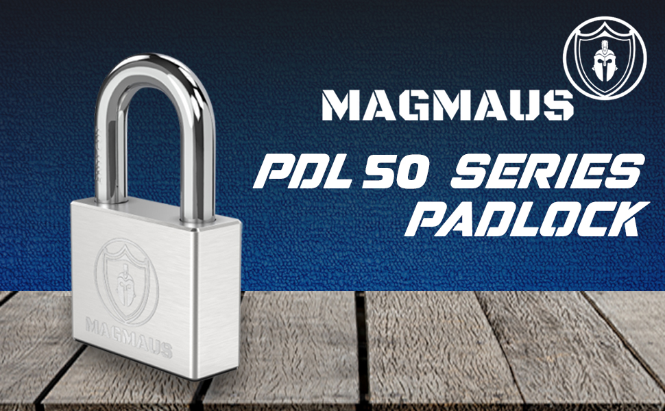 Silbernes Vorhängeschloss Magmaus PDL50 aus Edelstahl mit dickem Bügel und drei blauen Schlüsseln – Detail 1