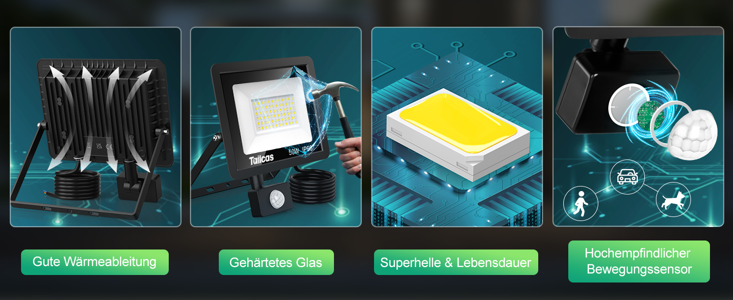 Schwarzer LED-Flutlichtstrahler Tailcas mit PIR-Bewegungsmelder, Montagebügel und Fernbedienung – Detail 5