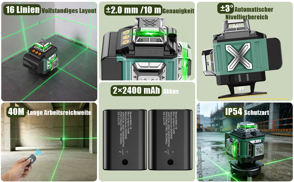 Grün-schwarzer Kreuzlinienlaser mit vier Austrittsfenstern auf Drehsockel, daneben Hartschalenkoffer, zwei Wechselakkus, Fernbedienung, Magnethalter und Mini-Stativ – Detail 6