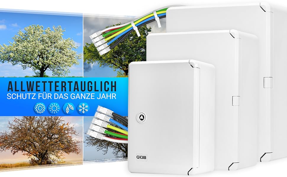 Grauer QCAB Verteilerkasten aus ABS-Kunststoff, 300 x 400 x 170 mm, geöffnet mit verzinkter Montageplatte und Kabelverschraubungen – Detail 3