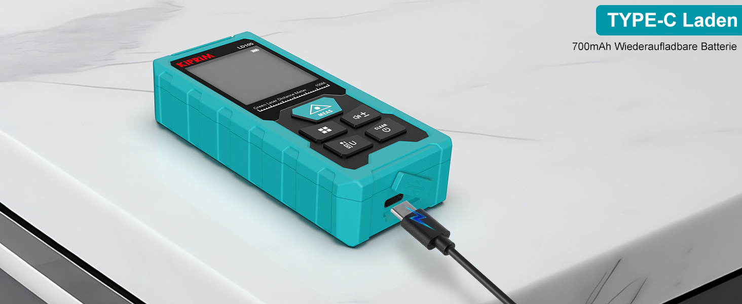 Türkisfarbener Kiprim LD100 Laser-Entfernungsmesser mit grossem LC-Display, grünem Laserstrahl und USB-C-Ladekabel – Detail 6