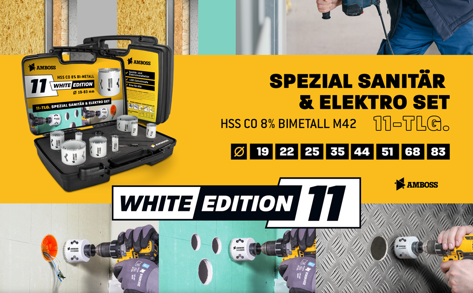 Elfteiliges Amboss White Edition Lochsägen-Set aus Bi-Metall im schwarzen Koffer mit acht weissen Lochsägen von 19 bis 83 mm – Detail 6