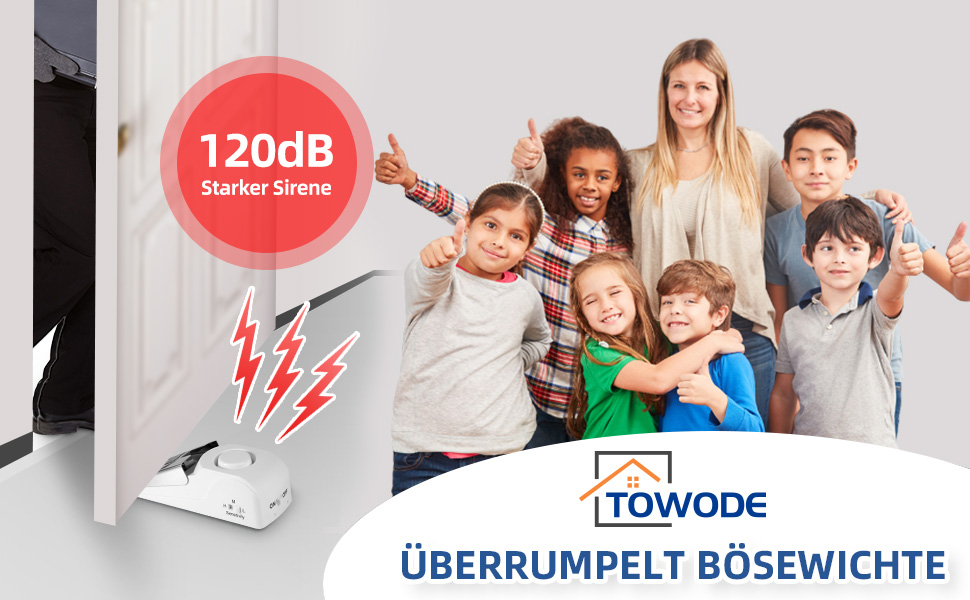 Drei weisse Türstopper-Alarme mit Edelstahlabdeckung, Empfindlichkeitsschalter und Ein-Aus-Schalter – Detail 2