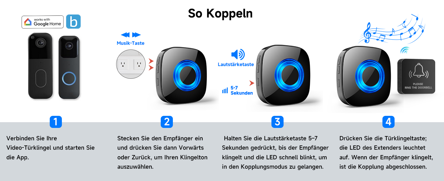 Schwarzer PHYSEN Steckdosen-Empfänger mit blau leuchtendem Ring und der zugehörige Funksender mit Anschlussleitung – Detail 4