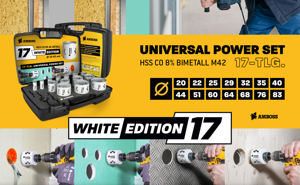 Siebzehnteiliges Amboss White Edition Lochsägen-Set aus Bi-Metall im schwarzen Koffer mit vierzehn weissen Lochsägen von 20 bis 83 mm – Detail 6
