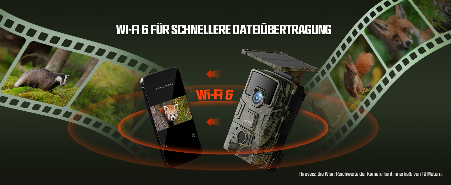 Wildkamera CEYOMUR CY75 im Tarnmuster mit Solarpanel auf dem Deckel, daneben USB-Kabel, Speicherkarte und Befestigungsgurt – Detail 3