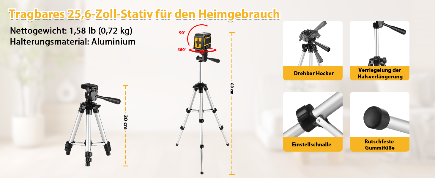 Kompakter Kreuzlinienlaser in Dunkelgelb und Schwarz mit Kreuzfenster, daneben ausziehbares Aluminiumstativ und zwei AA-Batterien – Detail 6