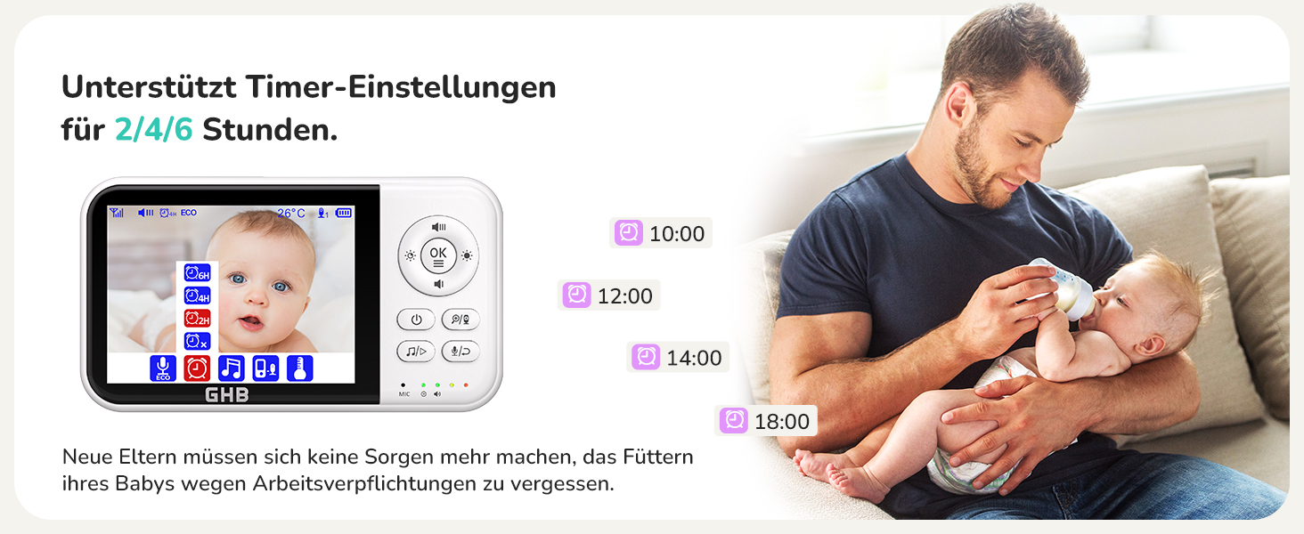 Weisses GHB Babyphone MC632B mit 3,2-Zoll-Monitor und separater Kamera auf Standfuss – Detail 6