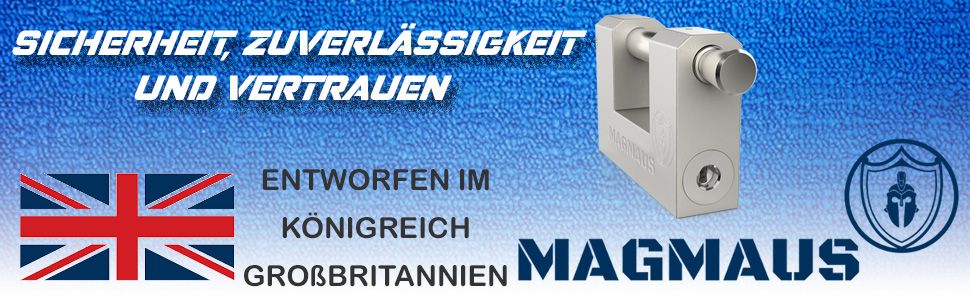 Silbernes Blockschloss Magmaus RTL50 aus Edelstahl mit gerader Riegelstange und drei blauen Schlüsseln – Detail 4