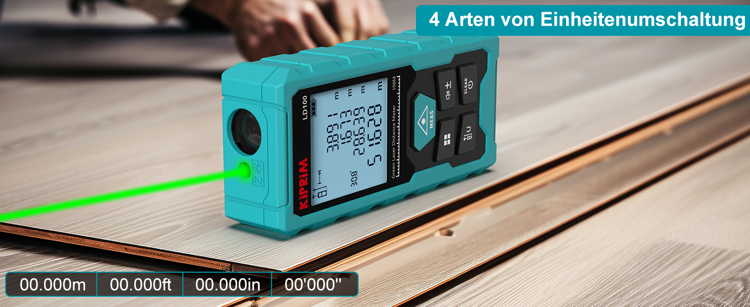 Türkisfarbener Kiprim LD100 Laser-Entfernungsmesser mit grossem LC-Display, grünem Laserstrahl und USB-C-Ladekabel – Detail 7
