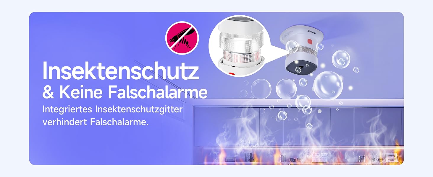 Fünf weisse Mini-Rauchmelder Heiman HS1SA mit rotem Testknopf, kreisförmig angeordnet, daneben ein Melder in einer Hand als Grössenvergleich – Detail 5